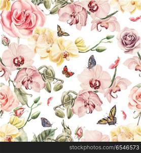 Seamless pattern with orchid flowers, roses and leaves.. Seamless pattern with orchid flowers, roses and leaves. Illustration.