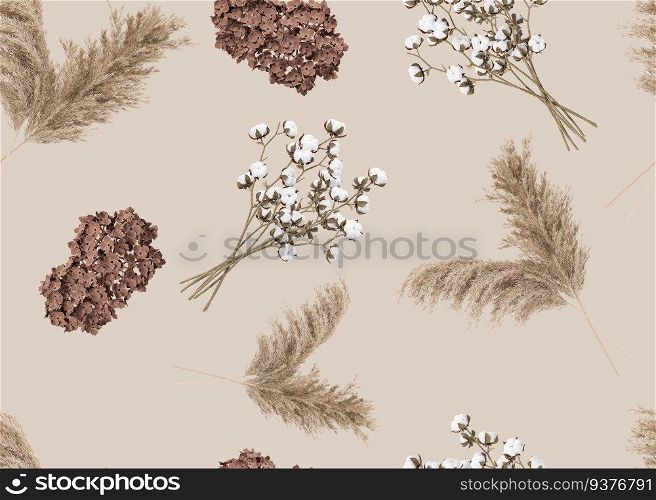 Seamless pattern with p&as grass and dried plants. Applicable for fabric print, textile, wrapping paper, wallpaper. Botanical background with dried leaves. Boho style. Repeatable texture. 3D render. Seamless pattern with p&as grass and dried plants. Applicable for fabric print, textile, wrapping paper, wallpaper. Botanical background with dried leaves. Boho style. Repeatable texture. 3D render.