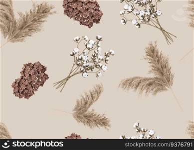 Seamless pattern with p&as grass and dried plants. Applicable for fabric print, textile, wrapping paper, wallpaper. Botanical background with dried leaves. Boho style. Repeatable texture. 3D render. Seamless pattern with p&as grass and dried plants. Applicable for fabric print, textile, wrapping paper, wallpaper. Botanical background with dried leaves. Boho style. Repeatable texture. 3D render.
