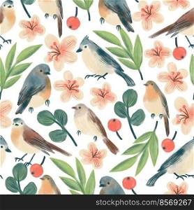 Seamless pattern with painted forest birds, twigs, flowers and berries