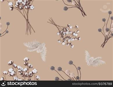 Seamless pattern with pampas grass and dried plants. Applicable for fabric print, textile, wrapping paper, wallpaper. Botanical background with dried leaves. Boho style. Repeatable texture. 3D render. Seamless pattern with pampas grass and dried plants. Applicable for fabric print, textile, wrapping paper, wallpaper. Botanical background with dried leaves. Boho style. Repeatable texture. 3D render.