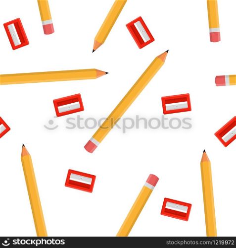 Seamless pattern with pencils and red sharpeners isolated on white background. Cartoon style. Vector illustration for design, web, wrapping paper, fabric, wallpaper.
