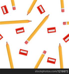 Seamless pattern with pencils and red sharpeners isolated on white background. Cartoon style. Vector illustration for design, web, wrapping paper, fabric, wallpaper.