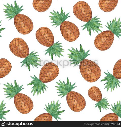 Seamless pattern with pineapple isolated on white background. Watercolor colourful illustration. Tropical fruit.
