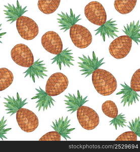 Seamless pattern with pineapple isolated on white background. Watercolor colourful illustration. Tropical fruit.