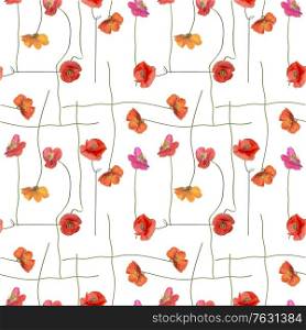 seamless pattern with Red Poppy Flowers on white background. Endless design.