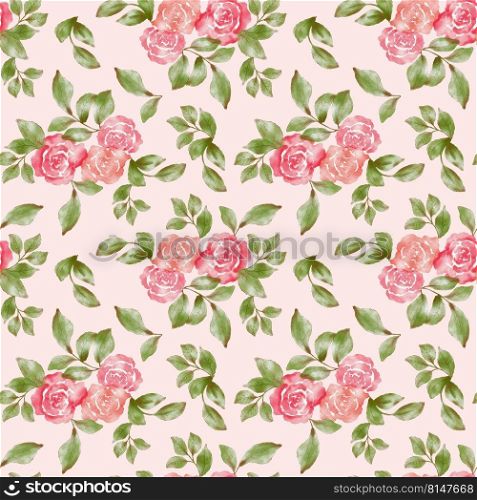 Seamless pattern with rose flowers and leaves. Floral background with roses. Flowers are drawn by hand. Illustration for wallpaper, textiles and stationery Roses on a pink background.. Seamless pattern with rose flowers and leaves. Floral background with roses. Flowers are drawn by hand. Illustration for wallpaper, textiles and stationery. Roses on a pink background.
