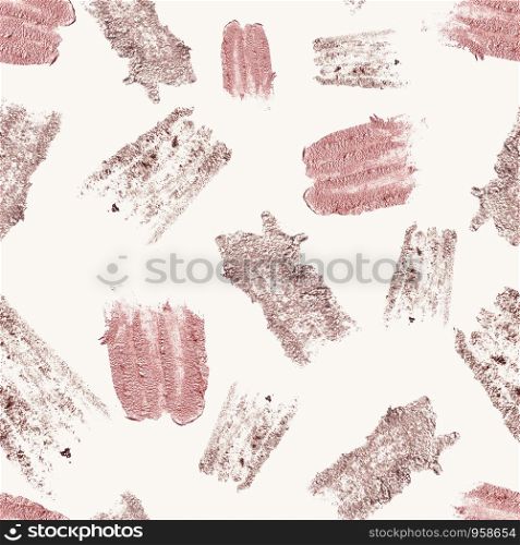 Seamless pattern with rose gold texture cosmetic smudges. Make up brush strokes on white background. Artistic background with shiny stains, copper paint texture.. Seamless pattern with rose gold cosmetic smudges.