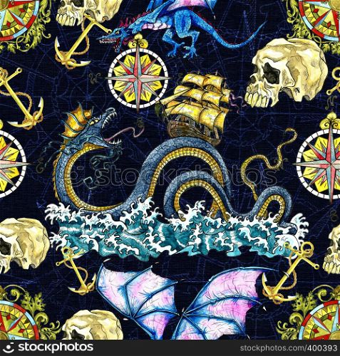 Seamless pattern with sea dragon, old sailboat, skull, decorated compass and anchor. Graphic nautical illustration, historical adventure concept, vintage transportation background