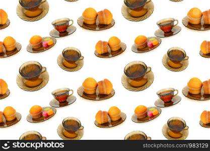 Seamless pattern with set cups of tea and delicious cupcakes isolated on white background.