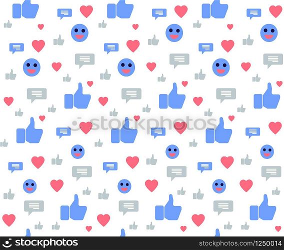 Seamless Pattern with Social Media Icons. Hand with Thumb Pointing Up, Like, Heart, Smile, Bubble Speech Signs on White Background. Blue, Red and Gray Colors Palette. Cartoon Flat Vector Illustration. Seamless Pattern with Social Media Icons on White
