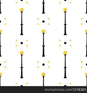 Seamless pattern with street light black silhouettes isolated on white background. Modern and vintage street lights. Elements for landscape construction. Vector illustration for design, wrapping paper