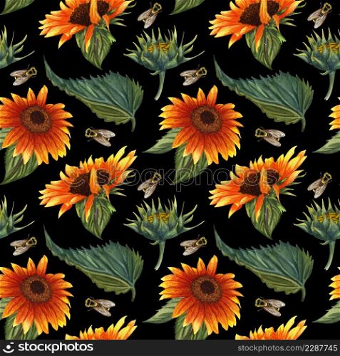Seamless pattern with sunflowers and flies on black background. Collection decorative floral design elements. Flowers, buds and leaf hand drawn with watercolor.