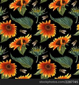 Seamless pattern with sunflowers and flies on black background. Collection decorative floral design elements. Flowers, buds and leaf hand drawn with watercolor.