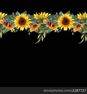 Seamless pattern with sunflowers on black background. Collection decorative floral design elements. Flowers, buds and leaf hand drawn with watercolor.