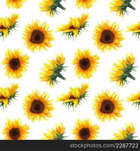 Seamless pattern with sunflowers on white background. Decorative floral design elements. Flowers, buds and leaf hand drawn with watercolor.