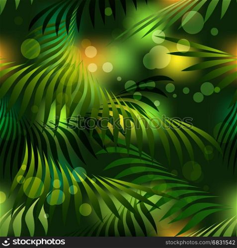 Seamless pattern with tropiocal palm leaves in dark. Vector illustration.