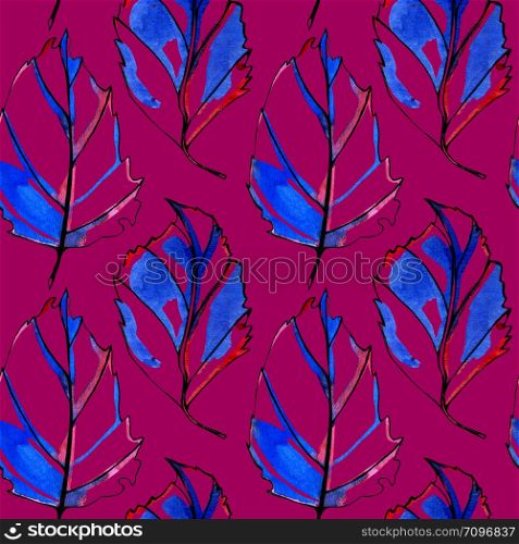Seamless pattern with watercolor autumn leaves. Hand-painted with black, blue and red ink with drops in the background. Isolated objects on a purple background. Stylized graphic watercolor.. Seamless pattern with watercolor autumn leaves.