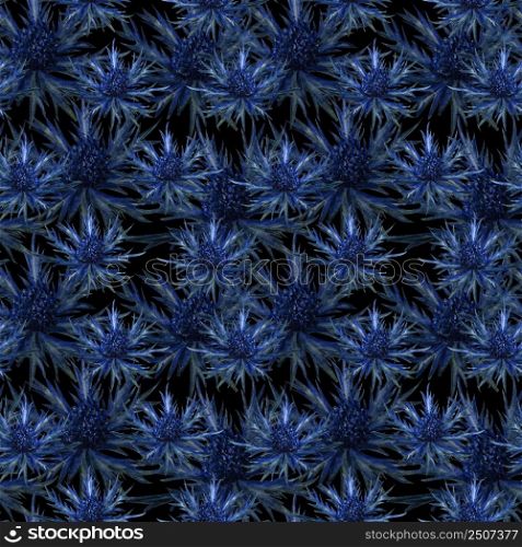 Seamless pattern with watercolor blue thorn. Floral hand drawn thistle flowers illustration on black background. Perfect for greetings, invitations, wrapping paper.