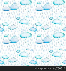 Seamless pattern with watercolor clouds and rain. White-blue cartoon clouds on a white background. Soft fluffy rounded shapes with the texture of watercolor paper with large raindrops.. Seamless pattern with watercolor clouds and rain.