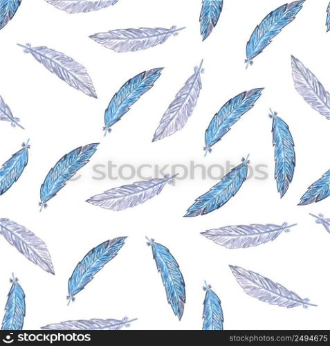 Seamless pattern with watercolor feathers. Gray and blue feathers isolated on white background. Feathers pattern for fashion design.
