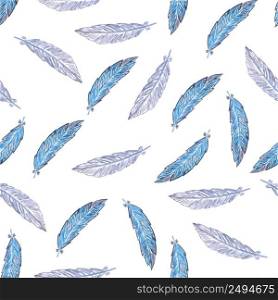 Seamless pattern with watercolor feathers. Gray and blue feathers isolated on white background. Feathers pattern for fashion design.