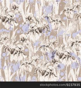 Seamless pattern with watercolor flowers. Hand drawn illustration.. Summer meadow iris flowers watercolor monochrome seamless pattern on beige background