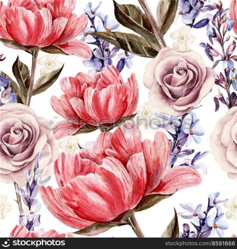 Seamless pattern with watercolor flowers.  Peonies, rose, lavender. Illustration. Seamless pattern with watercolor flowers.  Peonies, rose, lavender.