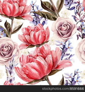 Seamless pattern with watercolor flowers.  Peonies, rose, lavender. Illustration. Seamless pattern with watercolor flowers.  Peonies, rose, lavender.