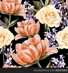 Seamless pattern with watercolor flowers.  Peonies, rose, lavender.  Illustration. Seamless pattern with watercolor flowers.  Peonies, rose, lavender.