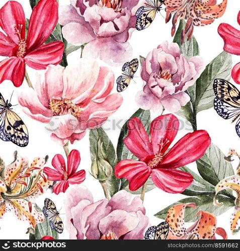 Seamless pattern with watercolor flowers.  Peonies, rose, lily. Illustration. Seamless pattern with watercolor flowers.  Peonies, rose, lily.