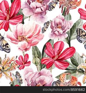 Seamless pattern with watercolor flowers.  Peonies, rose, lily. Illustration. Seamless pattern with watercolor flowers.  Peonies, rose, lily.