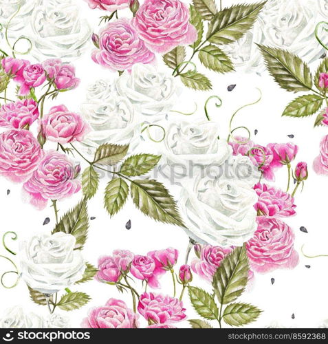 Seamless pattern with watercolor flowers. Rose. Hand drawn. Illustration.. Seamless pattern with watercolor flowers. Rose. Hand drawn.