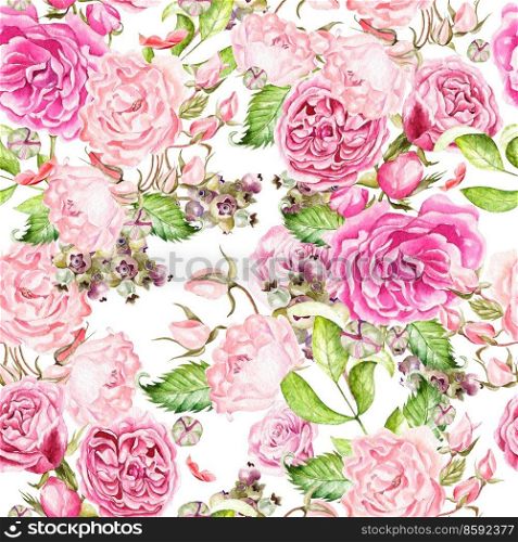 Seamless pattern with watercolor flowers. Rose with blackberries.  Hand rdawn. Illustration.. Seamless pattern with watercolor flowers. Rose with blackberries.  Hand rdawn. 