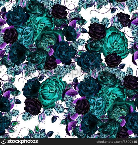 Seamless pattern with watercolor flowers. Rose with blackberries.  Hand rdawn. Illustration.. Seamless pattern with watercolor flowers. Rose with blackberries.  Hand rdawn. 
