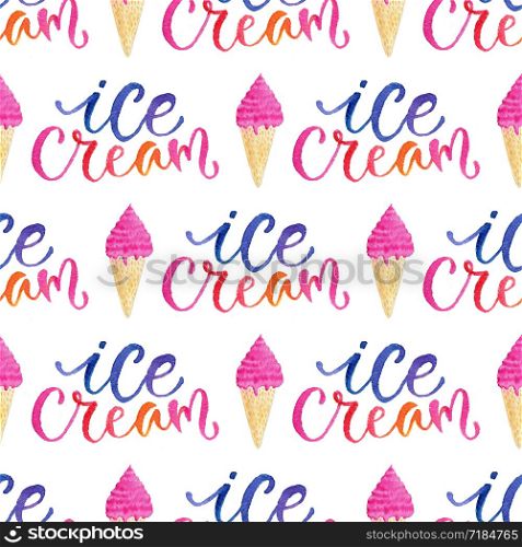 Seamless pattern with watercolor ice cream cones and calligraphy. Illustration for menu and wrapping design.. Seamless pattern with watercolor ice cream cones and calligraphy. Illustration for menu and wrapping design