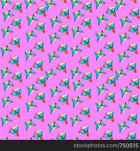 Seamless pattern with watercolor kite. Diamond-shaped cartoon multi-colored snake on a lilac background. Sharp shapes drawn with colored pencils. Children's ornament for textiles and wrapping paper.. Seamless pattern with watercolor kite.