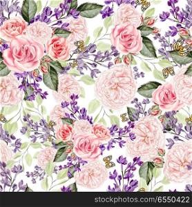 Seamless pattern with watercolor lilac and roses flowers. . Seamless pattern with watercolor lilac and roses flowers. Illustration