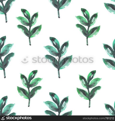 Seamless pattern with watercolor painted plants Green floral illustration. Seamless design with green watercolor plants on white background