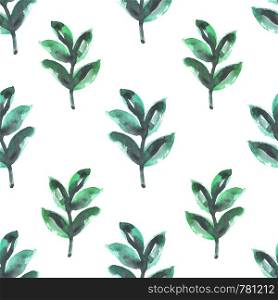 Seamless pattern with watercolor painted plants Green floral illustration. Seamless design with green watercolor plants on white background