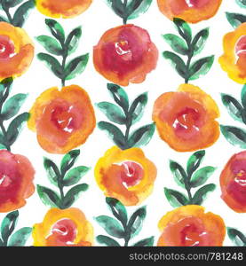 Seamless pattern with watercolor painted roses Creative floral illustration. Bright floral seamless design with watercolor roses on white background