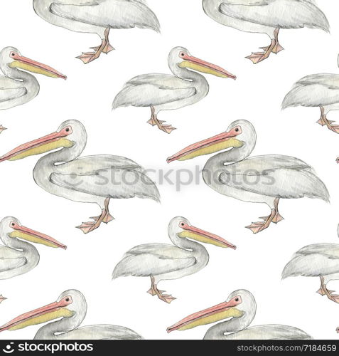 Seamless pattern with watercolor pelican. Fashion print and background