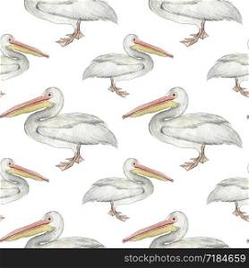 Seamless pattern with watercolor pelican. Fashion print and background