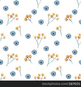 Seamless pattern with watercolor plants. Floral ornament with yellow tansy blue buds on a white background. Autumn, summer and spring seasons. For printing on fabric, cards, invitation, for a wedding.. Seamless pattern with watercolor plants.