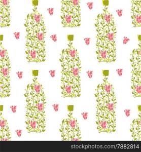 Seamless pattern with wine bottle from grape leaves and berries