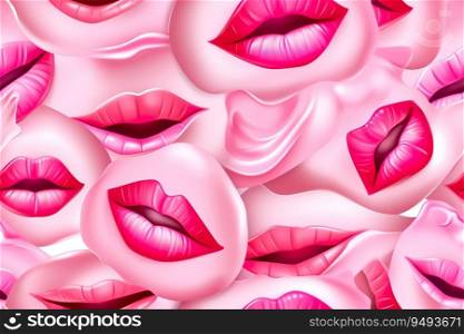 Seamless pattern with woman lips. Applicable for fabric print, textile, wrapping paper, wallpaper. Pink background with female lips. Repeatable texture. Sensual, passion and beauty. Generative AI. Seamless pattern with woman lips. Applicable for fabric print, textile, wrapping paper, wallpaper. Pink background with female lips. Repeatable texture. Sensual, passion and beauty. Generative AI.