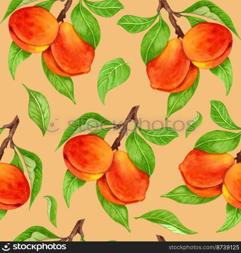 Seamless peach pattern with fruits, leaves, flowers background. Watercolor peach tree seamless background. Seamless peach pattern with fruits, leaves, flowers background. Watercolor peach tree seamless background.