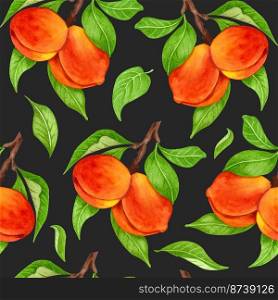 Seamless peach pattern with fruits, leaves, flowers background. Watercolor peach tree seamless background. Seamless peach pattern with fruits, leaves, flowers background. Watercolor peach tree seamless background.
