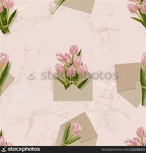 Seamless Pink Tulips bouquet inside the envelope on peach marble background.Watercolour hand paint endless pattern beautiful spring flower, illustration flora blossom for Fabric,Wallpaper, Print