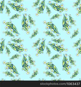 Seamless texture Bright multi-colored feathers and daisy flowers white blue green summer sun sky air